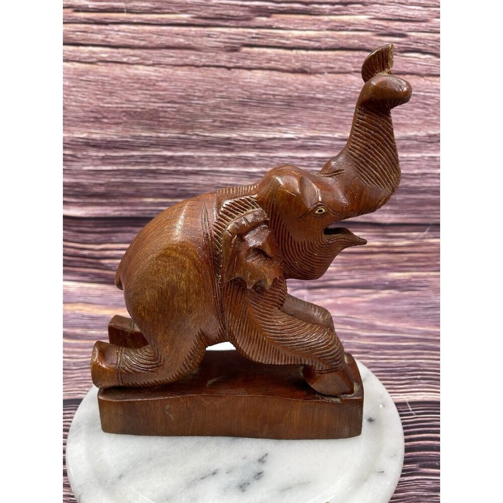 Vintage Wood Carved Elephant w/Yellow Eyes/ Safari Home Decor